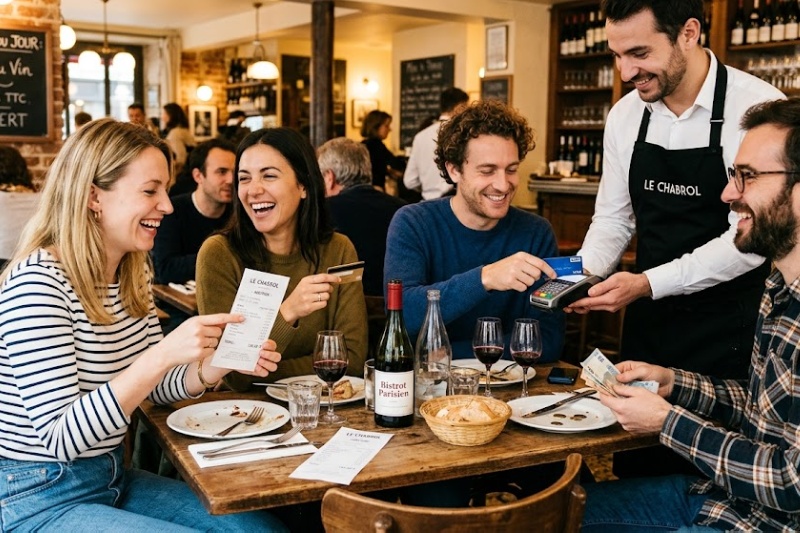 Amis partageant l'addition au restaurant